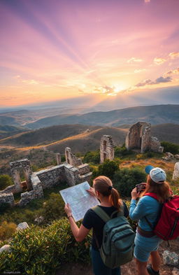 A breathtaking landscape capturing the adventure of discovering ancient ruins along the journey from Barcelona to Lisbon