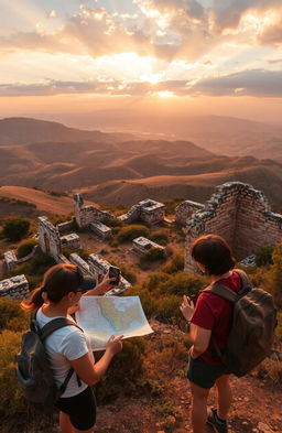 A breathtaking landscape capturing the adventure of discovering ancient ruins along the journey from Barcelona to Lisbon