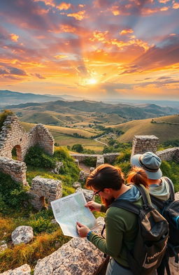 A breathtaking landscape capturing the adventure of discovering ancient ruins along the journey from Barcelona to Lisbon