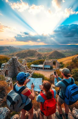A breathtaking landscape capturing the adventure of discovering ancient ruins along the journey from Barcelona to Lisbon