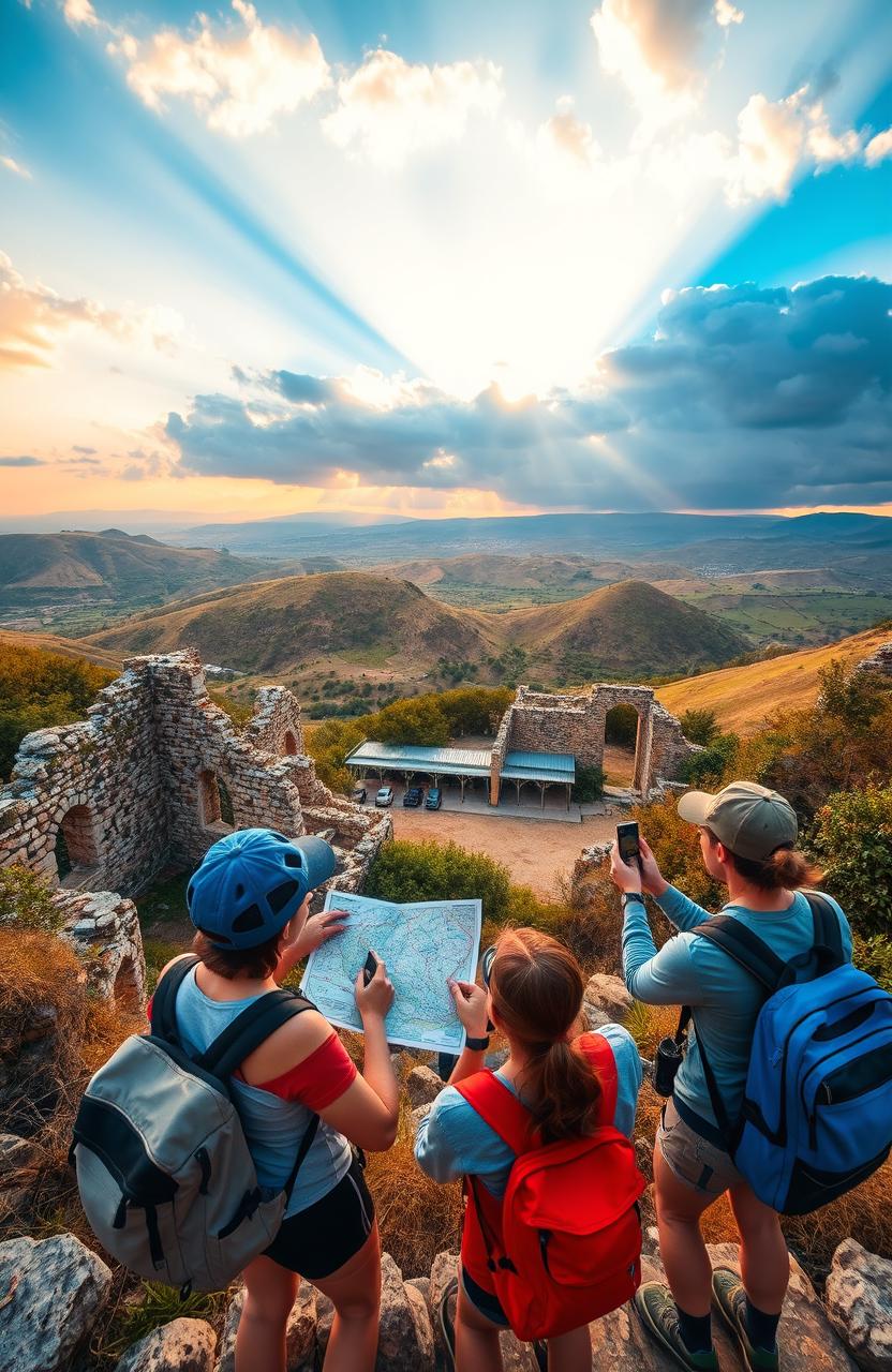 A breathtaking landscape capturing the adventure of discovering ancient ruins along the journey from Barcelona to Lisbon