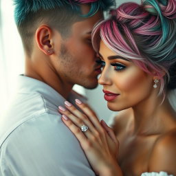 A romantic scene depicting a couple sharing a passionate kiss, with a soft, blurry effect adding a dreamy quality