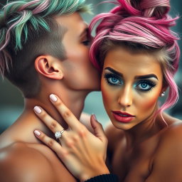 A romantic scene depicting a couple sharing a passionate kiss, with a soft, blurry effect adding a dreamy quality