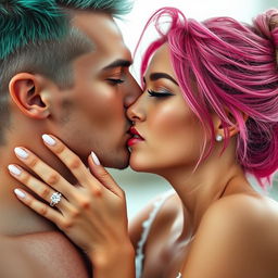 A romantic scene depicting a couple sharing a passionate kiss, with a soft, blurry effect adding a dreamy quality