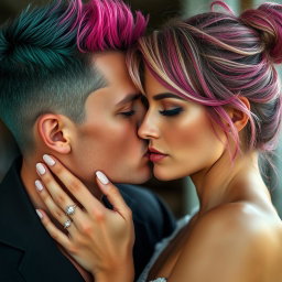 A romantic scene depicting a couple sharing a passionate kiss, with a soft, blurry effect adding a dreamy quality