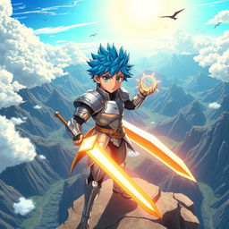 A dynamic anime protagonist standing heroically on a cliff edge, overlooking a vast landscape filled with mountains and a bright, sunlit sky