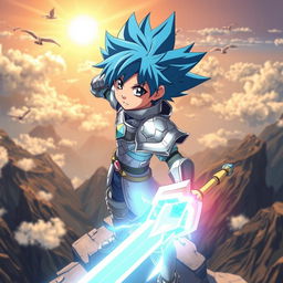 A dynamic anime protagonist standing heroically on a cliff edge, overlooking a vast landscape filled with mountains and a bright, sunlit sky