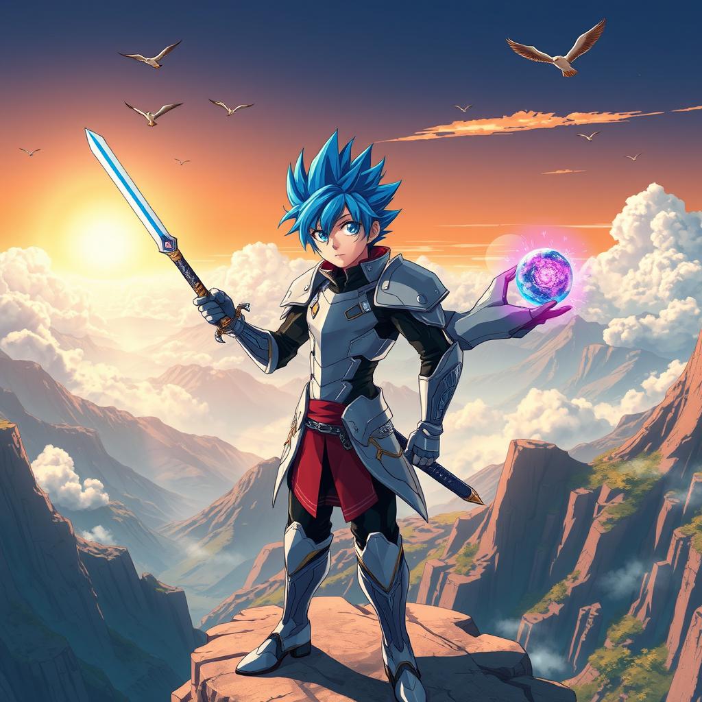 A dynamic anime protagonist standing heroically on a cliff edge, overlooking a vast landscape filled with mountains and a bright, sunlit sky