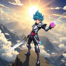 A dynamic anime protagonist standing heroically on a cliff edge, overlooking a vast landscape filled with mountains and a bright, sunlit sky