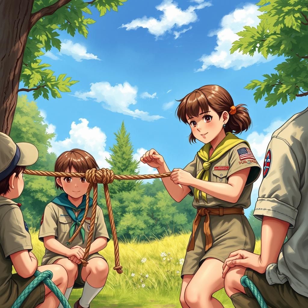 A detailed artwork featuring a scout knot tying demonstration amidst a beautiful outdoor setting