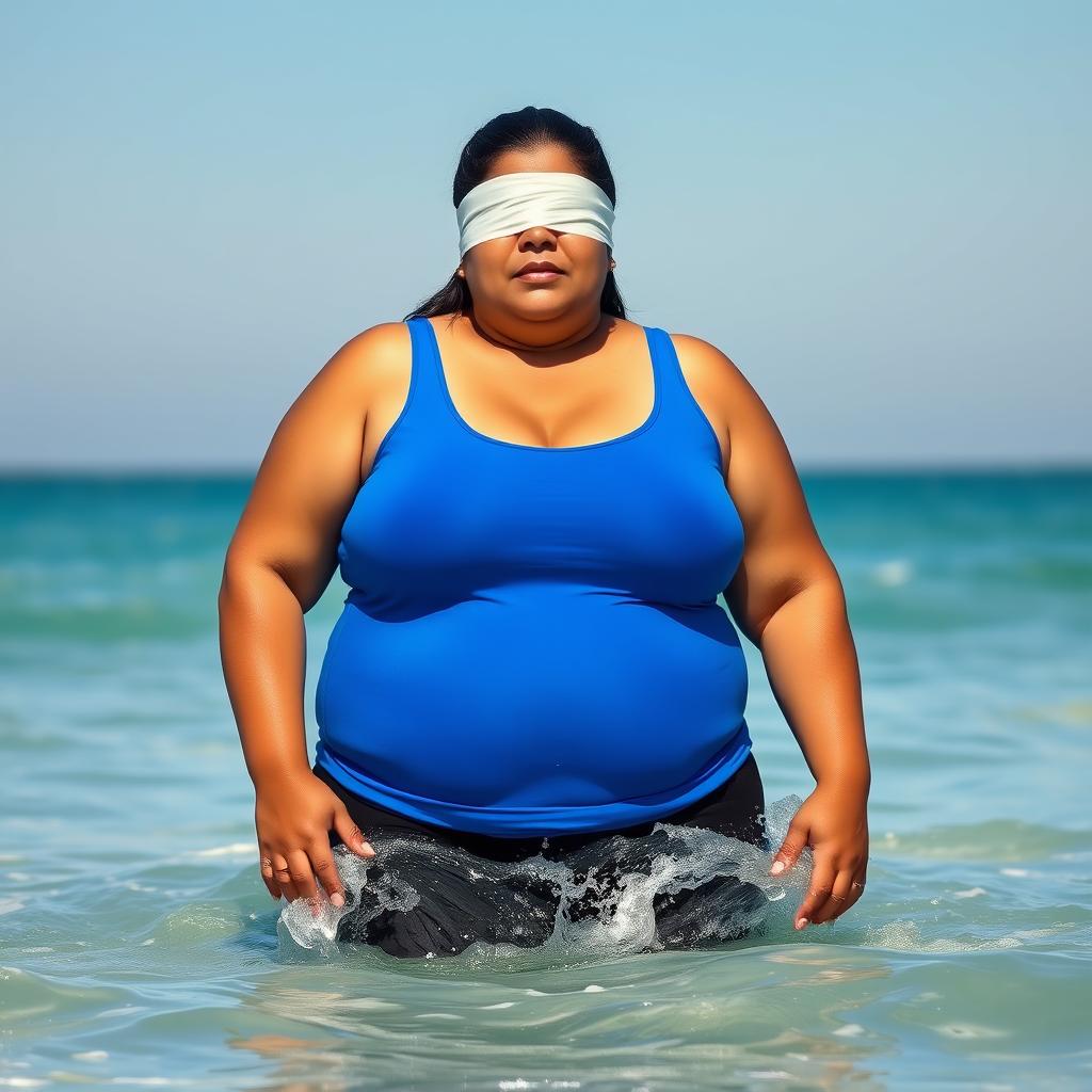 A fat white Indian woman standing confidently in the ocean, wearing a blue tank top and black leggings