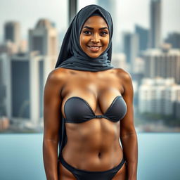 A striking portrait of a woman wearing a hijab, elegantly styled, paired with a chic bikini, exuding confidence and prestige as a government official