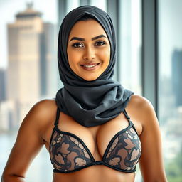 A striking portrait of a woman wearing a hijab, elegantly styled, paired with a chic bikini, exuding confidence and prestige as a government official