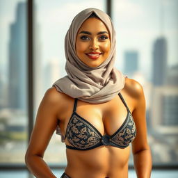 A striking portrait of a woman wearing a hijab, elegantly styled, paired with a chic bikini, exuding confidence and prestige as a government official