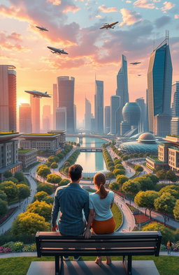 A beautifully detailed and realistic futuristic city skyline at sunset, with towering skyscrapers that have green rooftops, a vibrant river running through the center reflecting the orange and pink hues of the sky