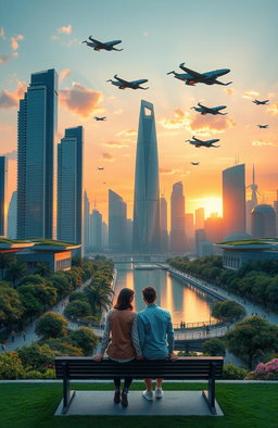A beautifully detailed and realistic futuristic city skyline at sunset, with towering skyscrapers that have green rooftops, a vibrant river running through the center reflecting the orange and pink hues of the sky