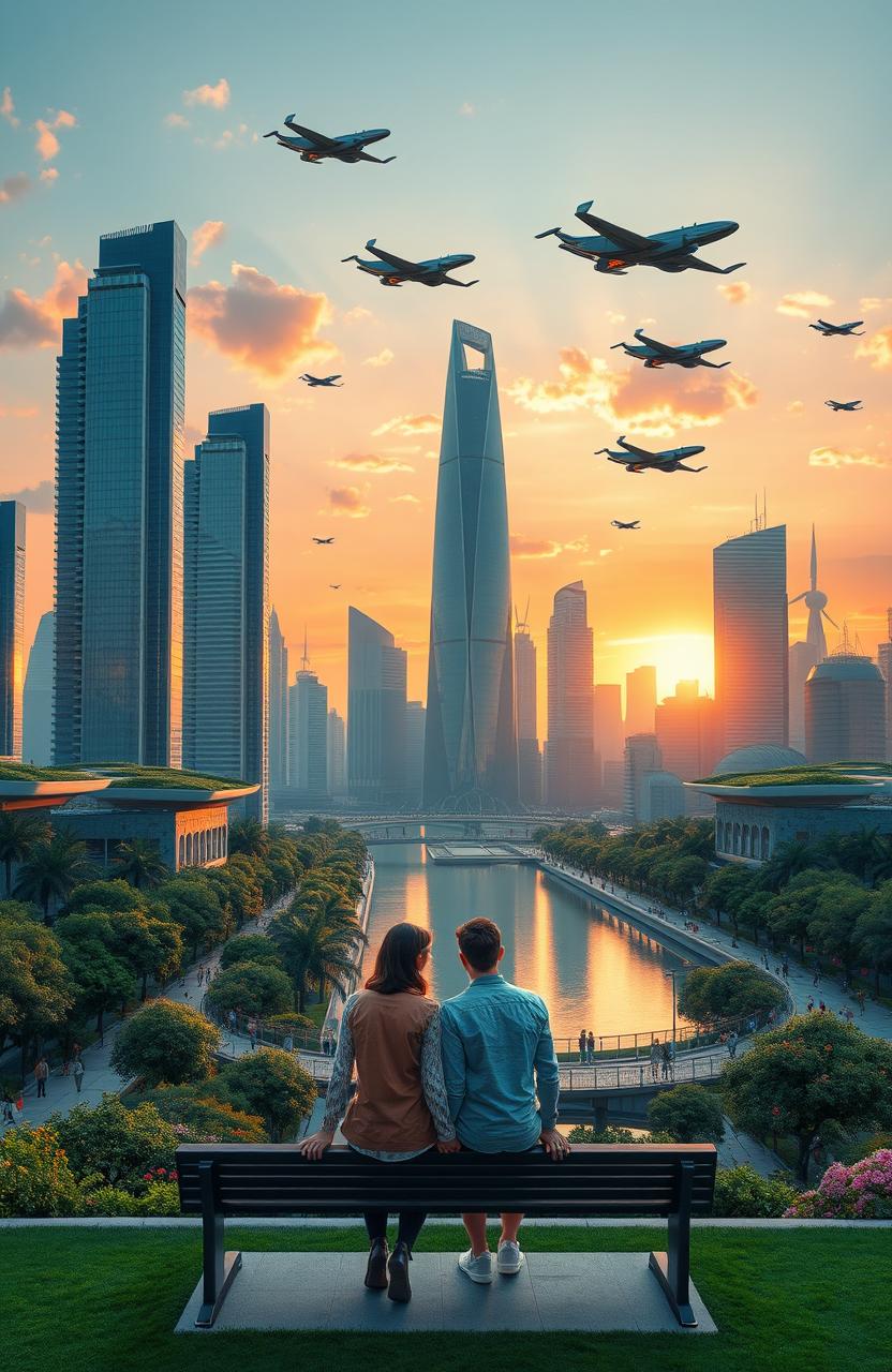 A beautifully detailed and realistic futuristic city skyline at sunset, with towering skyscrapers that have green rooftops, a vibrant river running through the center reflecting the orange and pink hues of the sky