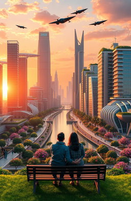 A beautifully detailed and realistic futuristic city skyline at sunset, with towering skyscrapers that have green rooftops, a vibrant river running through the center reflecting the orange and pink hues of the sky