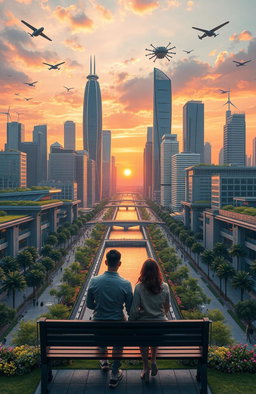 A beautifully detailed and realistic futuristic city skyline at sunset, with towering skyscrapers that have green rooftops, a vibrant river running through the center reflecting the orange and pink hues of the sky