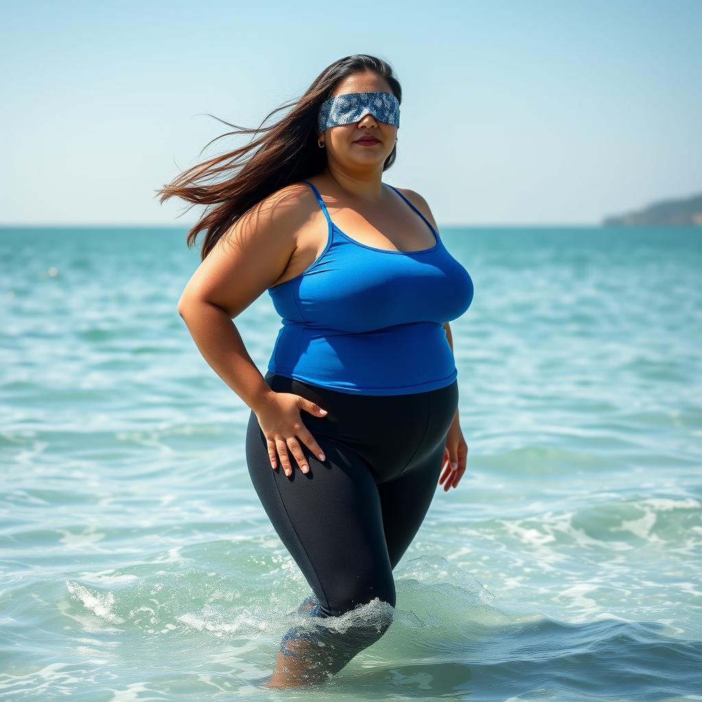 A full body image of a plus-size white Indian woman standing confidently in the ocean