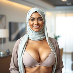 A captivating portrait of an Arab woman wearing a stylish hijab, confidently paired with a sophisticated bikini that complements her features