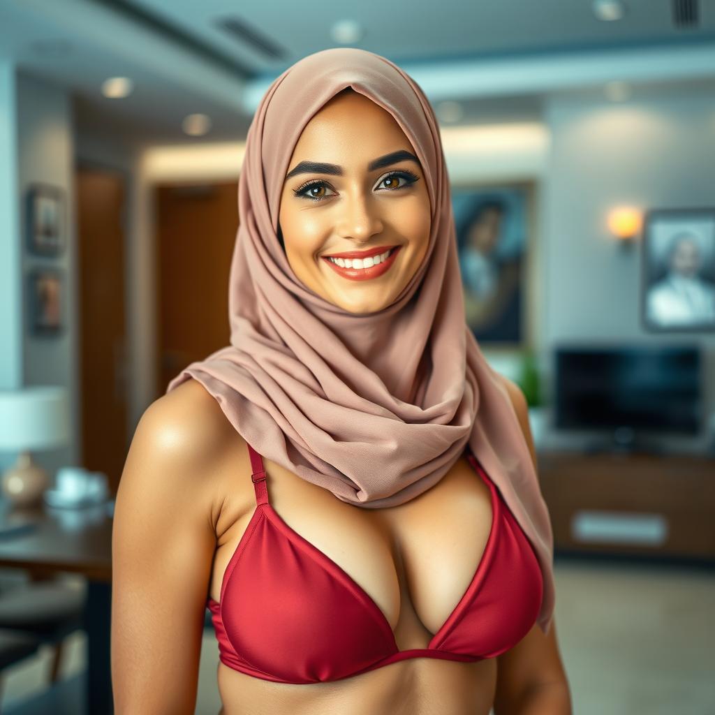A captivating portrait of an Arab woman wearing a stylish hijab, confidently paired with a sophisticated bikini that complements her features