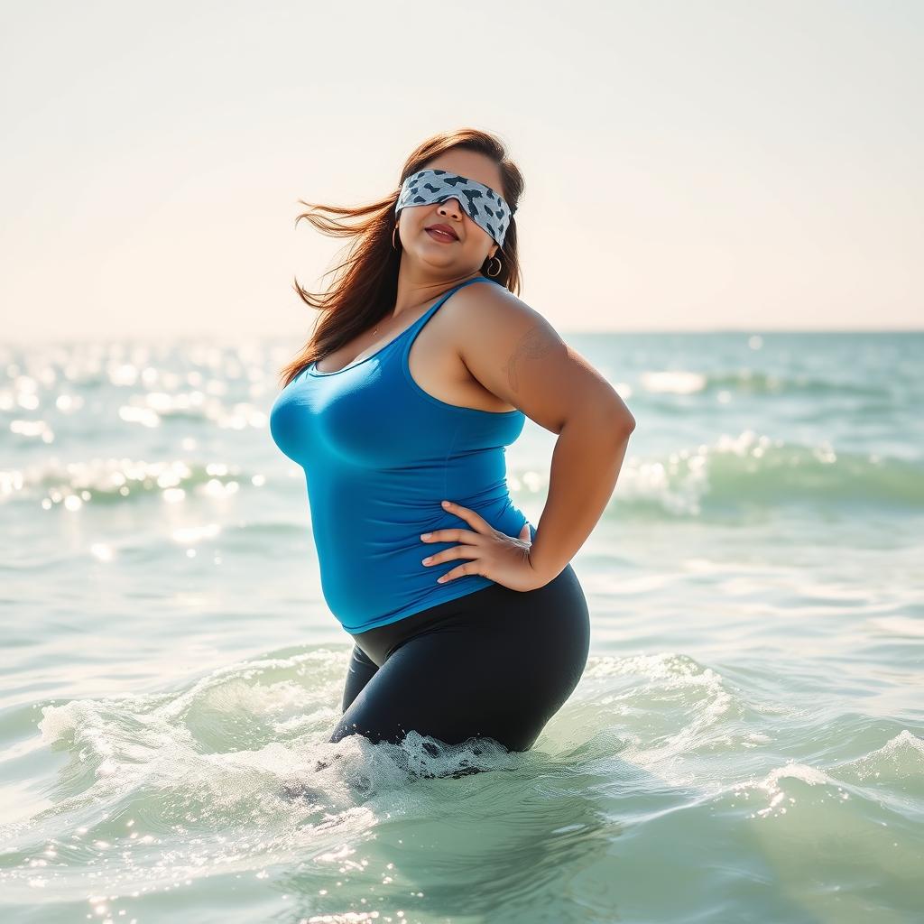 A full body image of a plus-size white Indian woman standing confidently in the ocean, with the water level at her waist