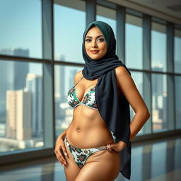 A full-body portrait of an Arab woman in a stylish hijab, confidently wearing a chic bikini that blends tradition and modern fashion
