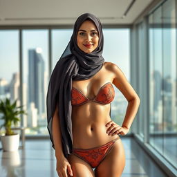 A full-body portrait of an Arab woman in a stylish hijab, confidently wearing a chic bikini that blends tradition and modern fashion