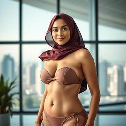 A full-body portrait of an Arab woman in a stylish hijab, confidently wearing a chic bikini that blends tradition and modern fashion