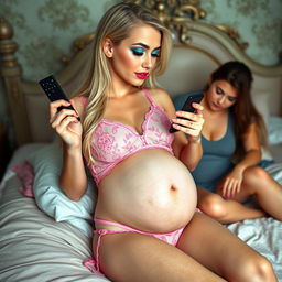 A beautiful, sexy, athletic 18-year-old girl with a thin face and voluptuous curves, featuring long blond hair and captivating crystal blue eyes