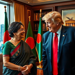 A fictional portrait of two world leaders, Sheikh Hasina and Donald Trump, enjoying a friendly conversation in a luxurious office setting
