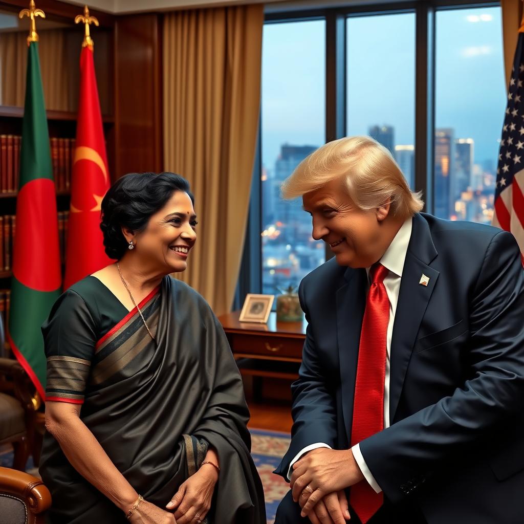 A fictional portrait of two world leaders, Sheikh Hasina and Donald Trump, enjoying a friendly conversation in a luxurious office setting