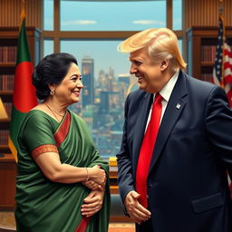 A fictional portrait of two world leaders, Sheikh Hasina and Donald Trump, enjoying a friendly conversation in a luxurious office setting