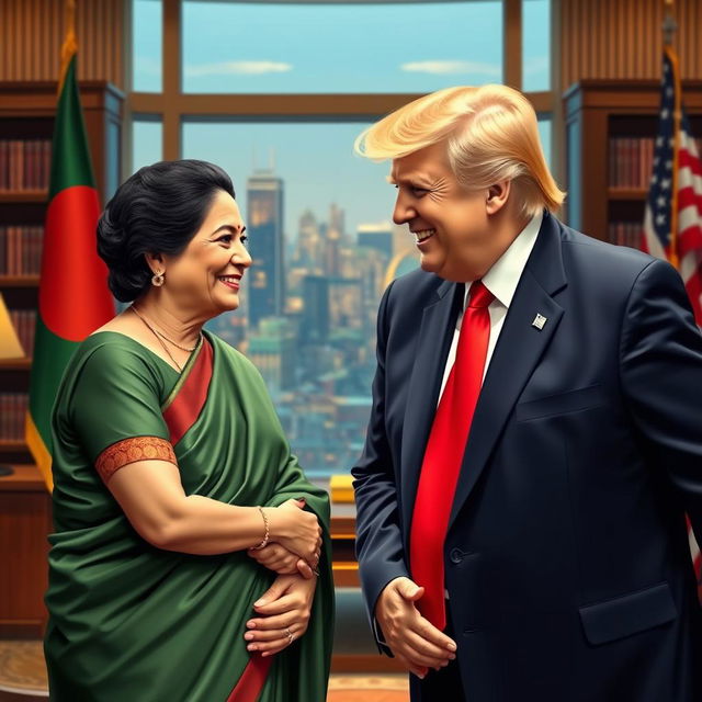 A fictional portrait of two world leaders, Sheikh Hasina and Donald Trump, enjoying a friendly conversation in a luxurious office setting