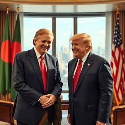 A fictional portrait of two world leaders, Sheikh Hasina and Donald Trump, enjoying a friendly conversation in a luxurious office setting