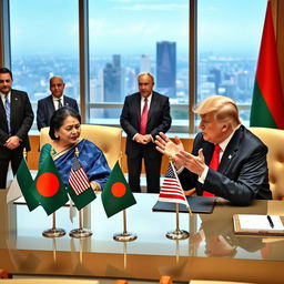 A scene depicting a historic diplomatic meeting between Sheikh Hasina and Donald Trump in a grand conference room