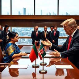 A scene depicting a historic diplomatic meeting between Sheikh Hasina and Donald Trump in a grand conference room