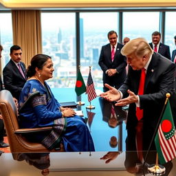A scene depicting a historic diplomatic meeting between Sheikh Hasina and Donald Trump in a grand conference room