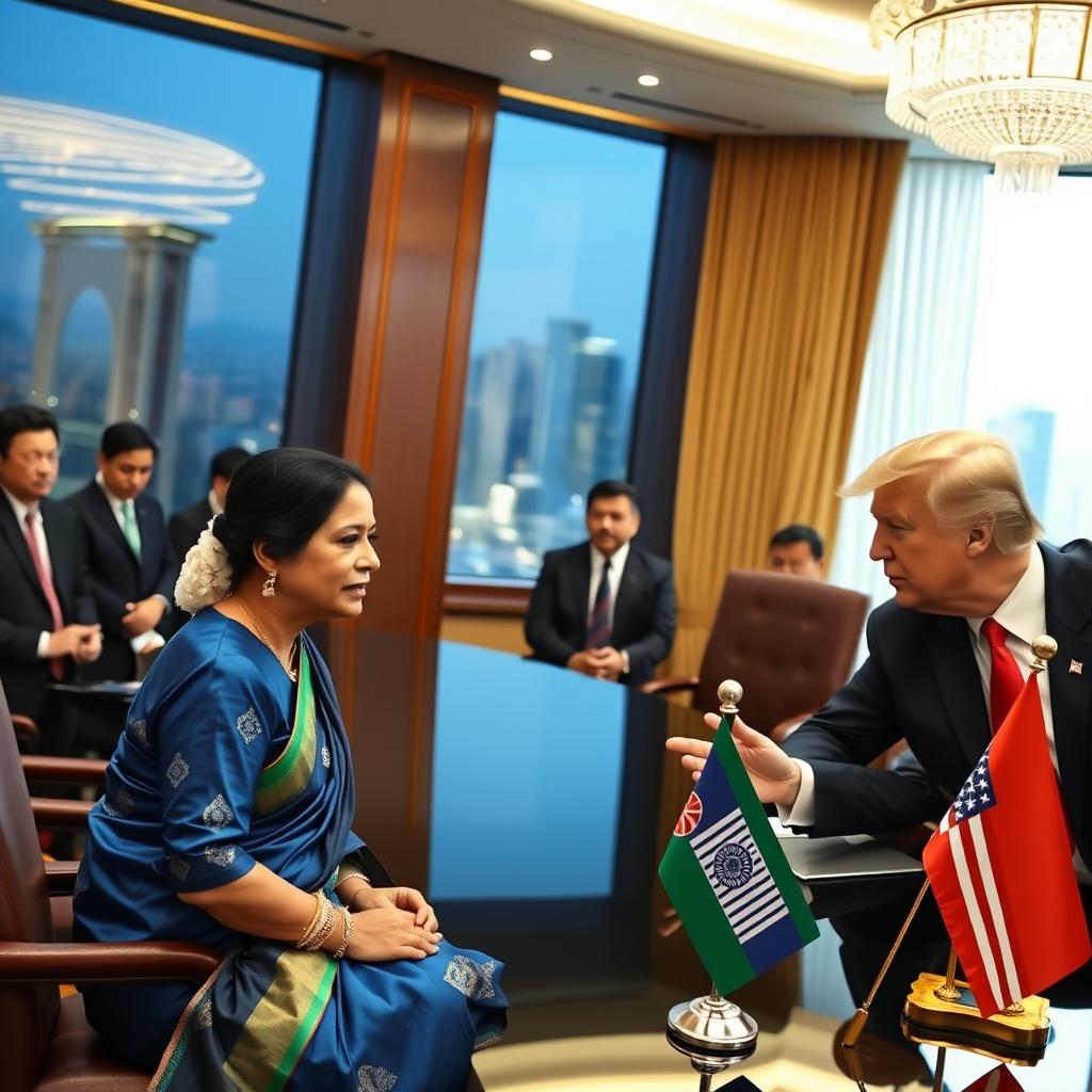 A scene depicting a historic diplomatic meeting between Sheikh Hasina and Donald Trump in a grand conference room