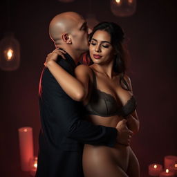 A 39-year-old Indonesian man with pure white skin is hugging a stunning 28-year-old woman from behind in an affectionate manner while kissing her cheek