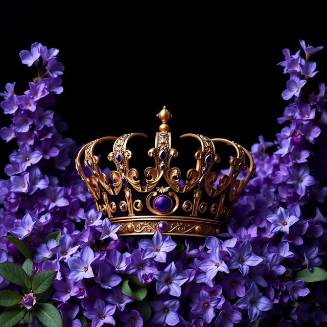 A realistic, intricately designed crown sitting prominently in the center of the image, surrounded by an abundance of vibrant violet flowers