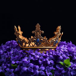 A realistic, intricately designed crown sitting prominently in the center of the image, surrounded by an abundance of vibrant violet flowers