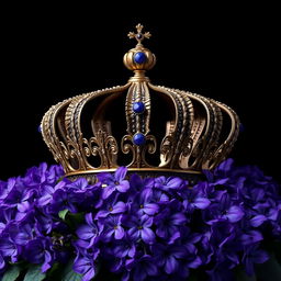A realistic, intricately designed crown sitting prominently in the center of the image, surrounded by an abundance of vibrant violet flowers