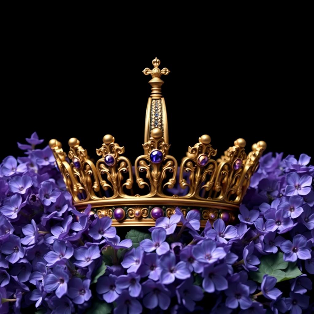 A realistic, intricately designed crown sitting prominently in the center of the image, surrounded by an abundance of vibrant violet flowers