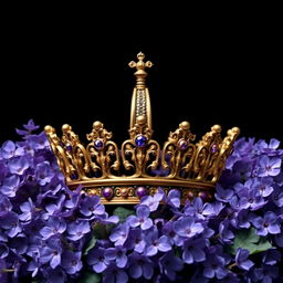 A realistic, intricately designed crown sitting prominently in the center of the image, surrounded by an abundance of vibrant violet flowers