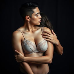 A 39-year-old Indonesian man with pure white skin is embracing a beautiful 28-year-old woman affectionately from behind, kissing her cheek