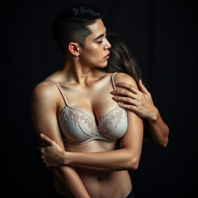 A 39-year-old Indonesian man with pure white skin is embracing a beautiful 28-year-old woman affectionately from behind, kissing her cheek