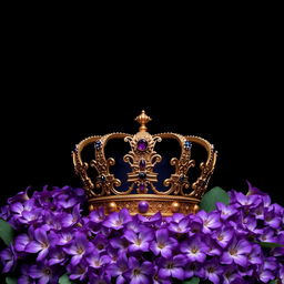 A realistic, intricately designed crown sitting prominently in the center of the image, surrounded by an abundance of vibrant violet flowers
