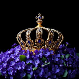 A realistic, intricately designed crown sitting prominently in the center of the image, surrounded by an abundance of vibrant violet flowers